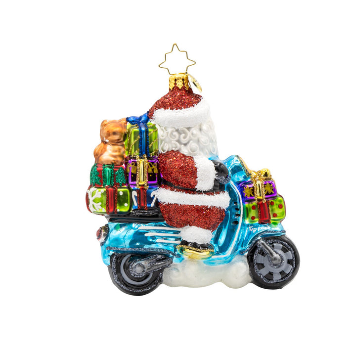 Vroom Vroom Voyage ornament. Santa is ditching the sleigh for a shiny Vespa full of gifts. View of back.