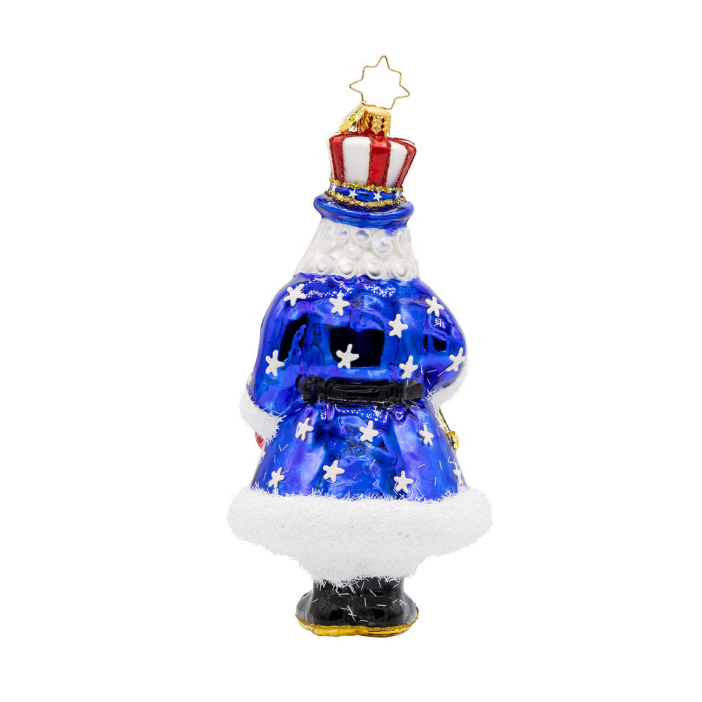 All-American Santa ornament.  Dressed in red, white, and blue. Stripes and stars aplenty. View of back.