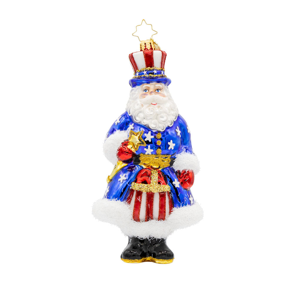 All-American Santa ornament.  Dressed in red, white, and blue. Stripes and stars aplenty. View of front. 