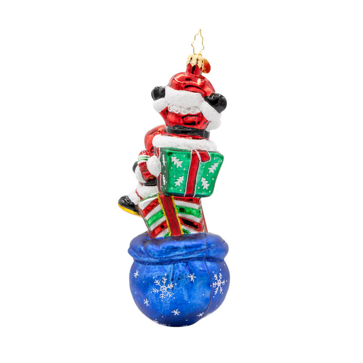 Jolly Santa Trio ornament. With their festive hats, sparkling eyes, and a bag full of gifts. View of back.