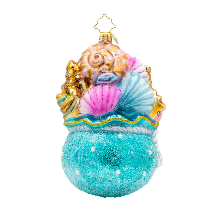 Nautical Trinkets ornament. Nautical giftbag adorned with a captivating collection of seashells and starfish. View of back.