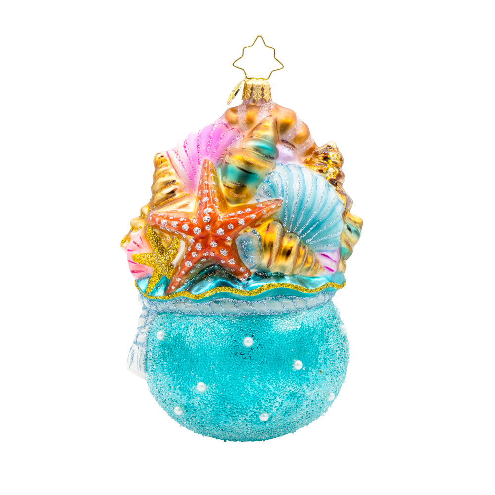 Nautical Trinkets ornament. Nautical giftbag adorned with a captivating collection of seashells and starfish. View of front.