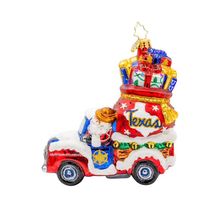 Lone Star Santa Cruiser ornament. Santa's driving a car with a Texas gift bag in tow. View of front.