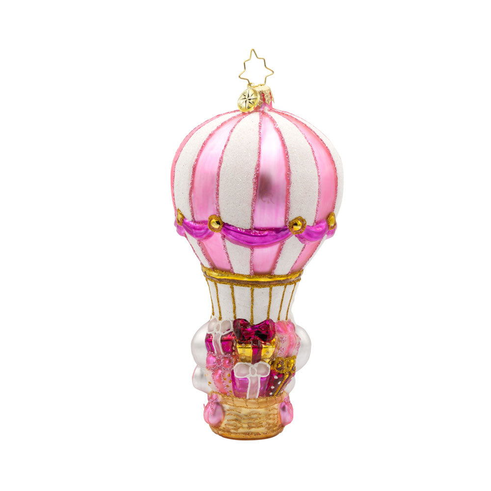 Baby Pink Balloon Adventure ornament. Features a baby pink elephant in a hot air balloon that has "New Baby" written on it. View of back.