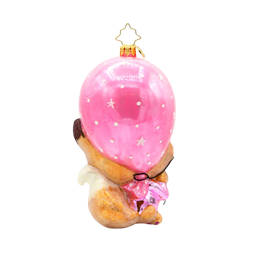 Pink Foxy Float ornament. Featuring a baby fox holding onto a pink balloon. View of back.