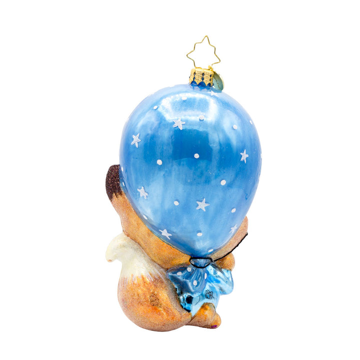 Blue Foxy Float ornament. Featuring a baby fox holding onto a blue balloon. View of back.