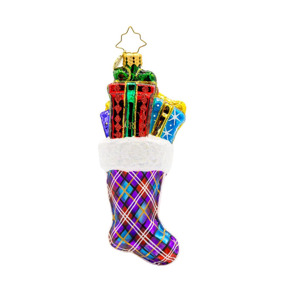 2025 Stacked Holiday Joy ornament.  Hand-painted plaid stocking dated "2025" with presents coming out the top. View of back.
