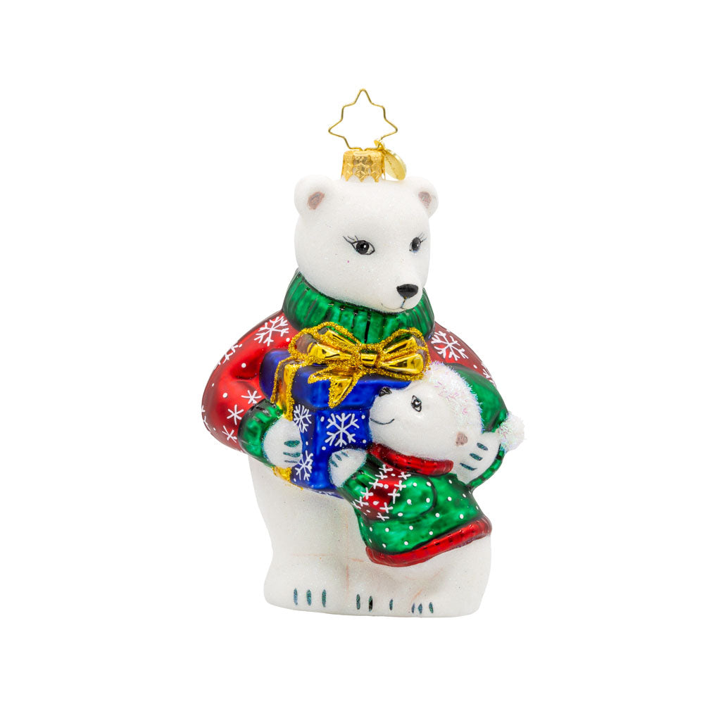 Polar Pals Presents Ornament. The bears have playful expressions and festive gifts. View of front. 