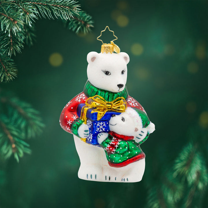 Polar Pals Presents Ornament. The bears have playful expressions and festive gifts. View of front. 