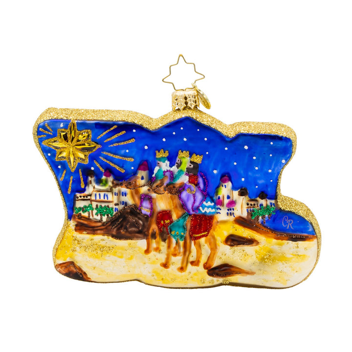 Holy Harmony ornament. Nativity scene with detailed figures of Mary, Joseph, baby Jesus, and the three wise men, shimmering star, and the word "JOY" shining brightly. View of back.