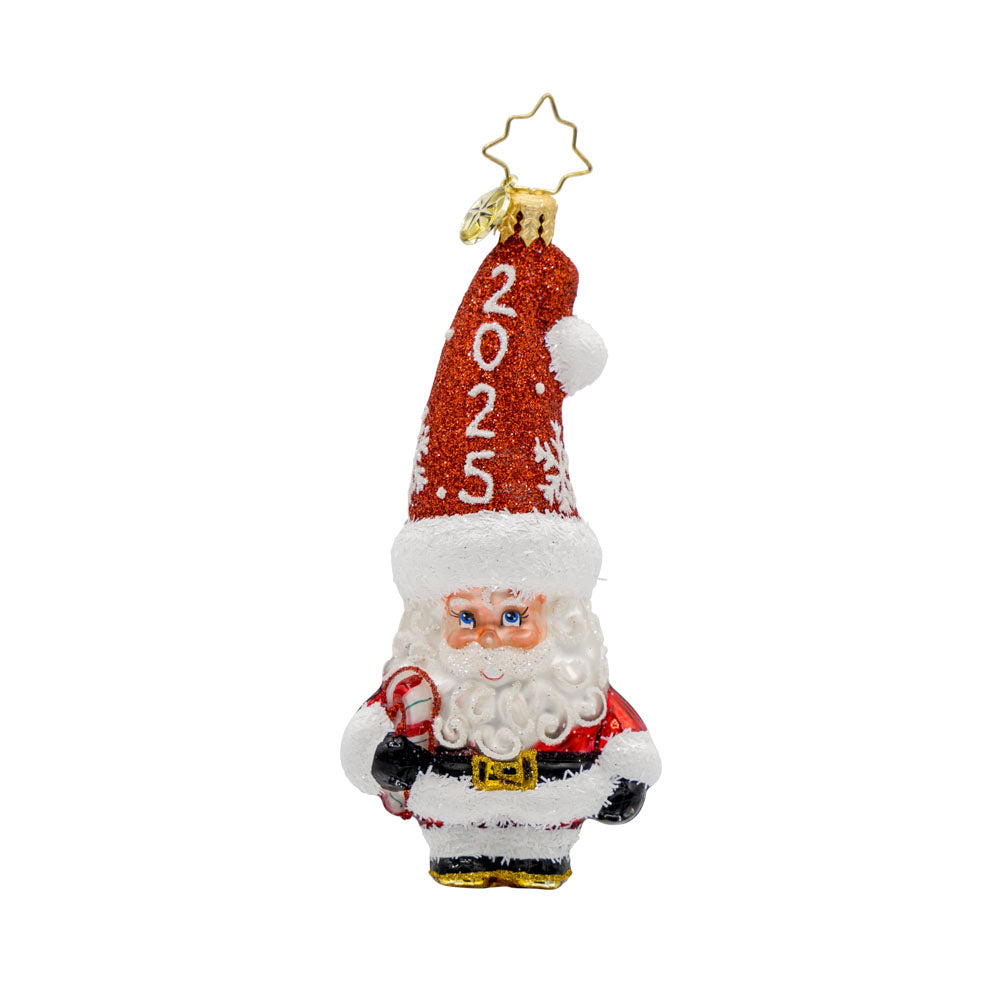 St. Nick's Sparkling Countdown ornament. Santa is holding a candy cane. The year 2025 is on his hat. View of front. 