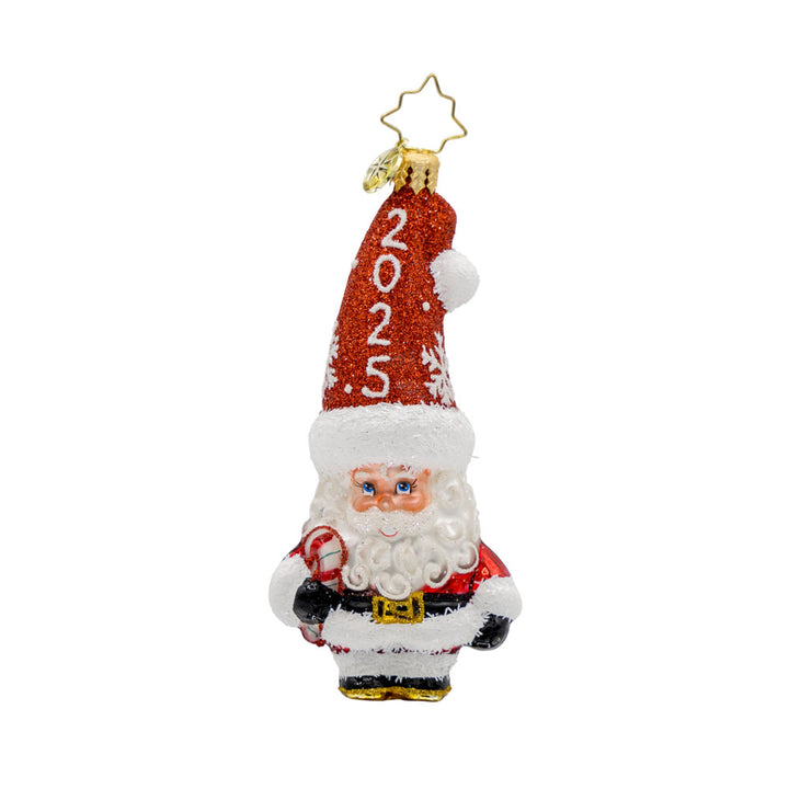 St. Nick's Sparkling Countdown ornament. Santa is holding a candy cane. The year 2025 is on his hat. View of front. 