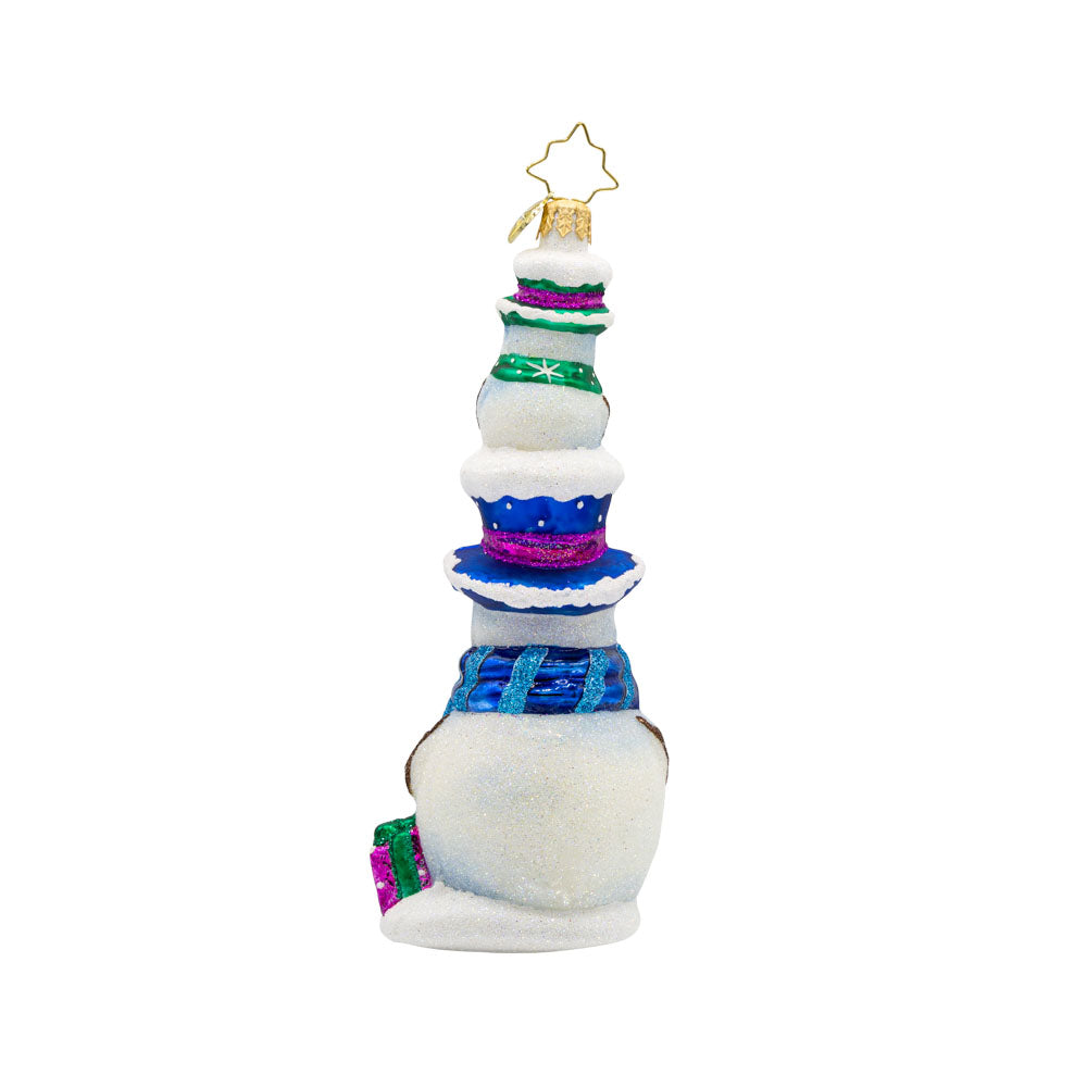 Double Decker Snow Chums ornament. A smaller snowman sits atop another. Both are dressed in festive colors of blue, purple, and green. View of back.