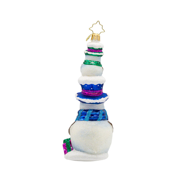 Double Decker Snow Chums ornament. A smaller snowman sits atop another. Both are dressed in festive colors of blue, purple, and green. View of back.