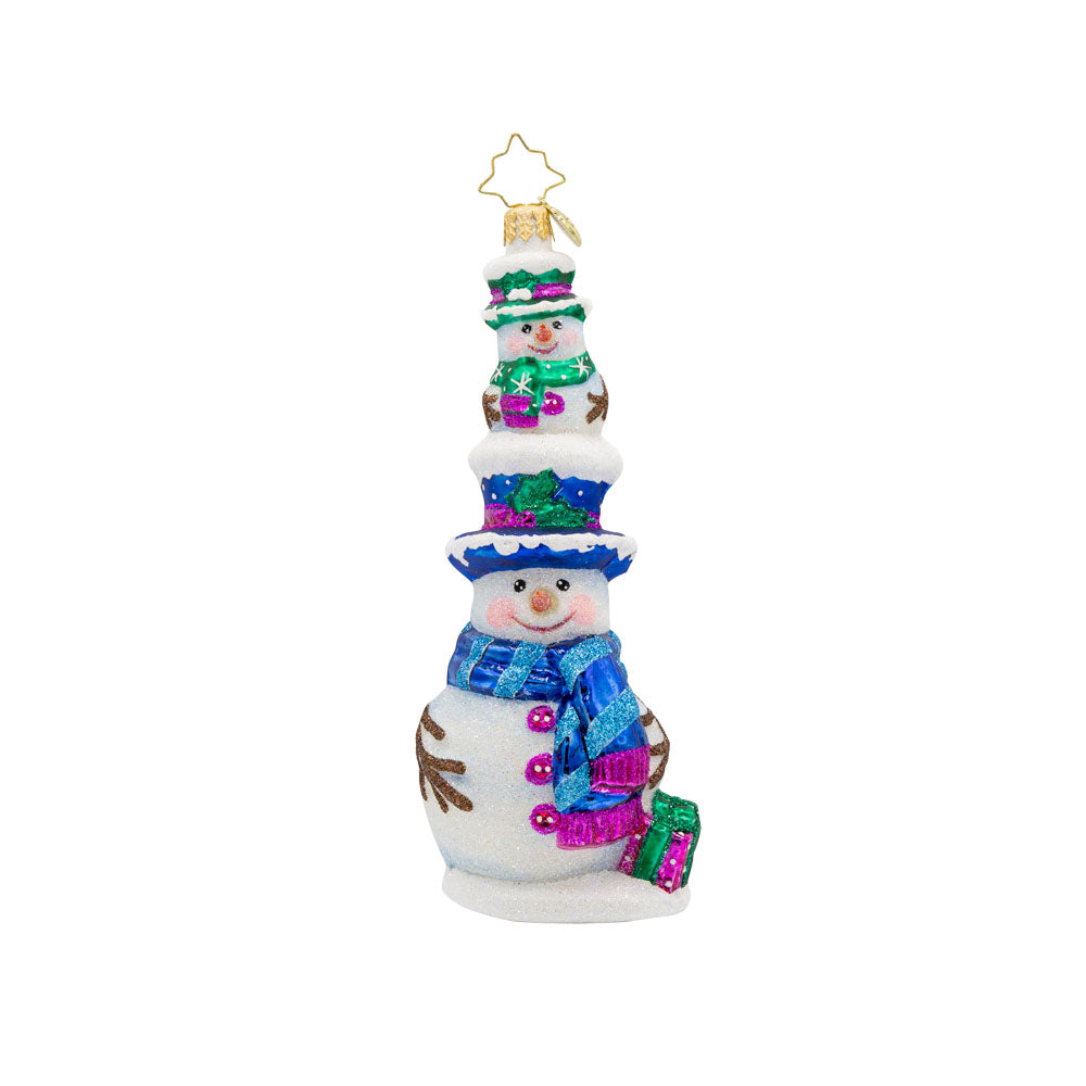 Double Decker Snow Chums ornament. A smaller snowman sits atop another. Both are dressed in festive colors of blue, purple, and green. View of front. 