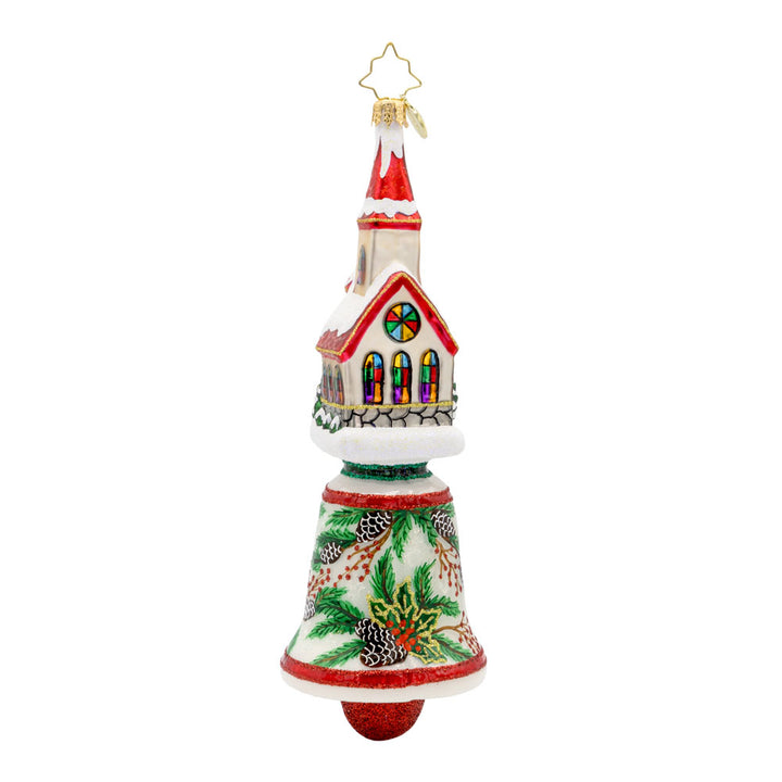 Chiming Church Charm ornament. This church features stained glass windows and a snow-covered roof atop a hand-painted bell. View of back.