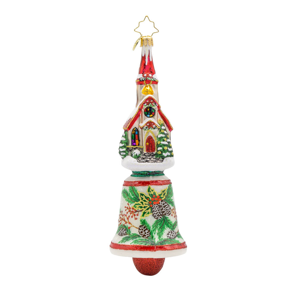 Chiming Church Charm ornament. This church features stained glass windows and a snow-covered roof atop a hand-painted bell. View of front.