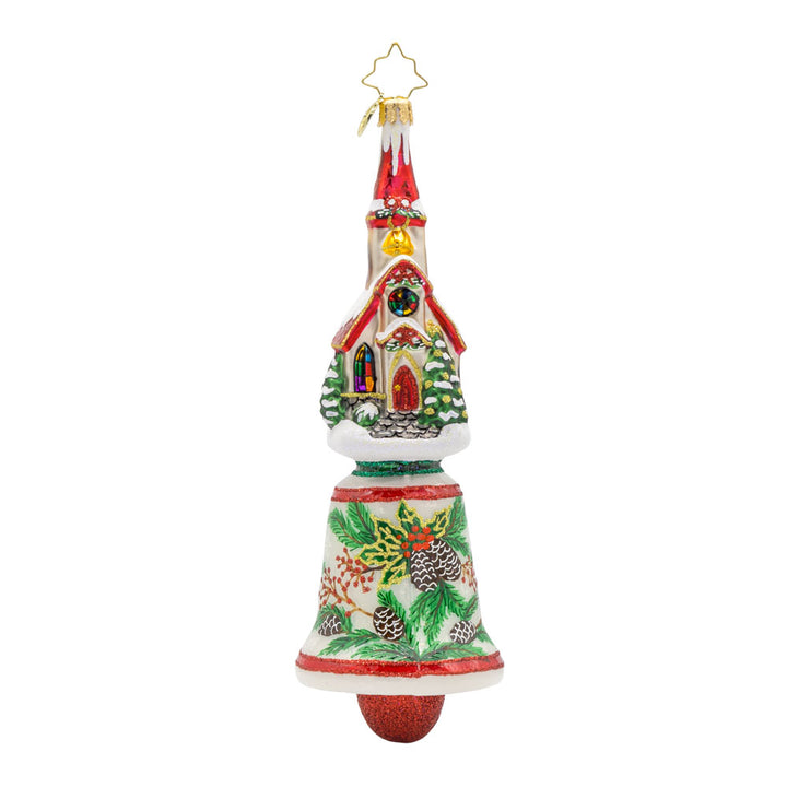 Chiming Church Charm ornament. This church features stained glass windows and a snow-covered roof atop a hand-painted bell. View of front.