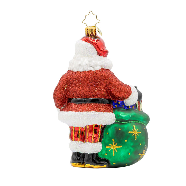 Red Ribbon Reminder ornament. Featuring Santa Claus spreading awareness and support for the fight against AIDS with a red ribbon and thoughtful gifts. View of back.