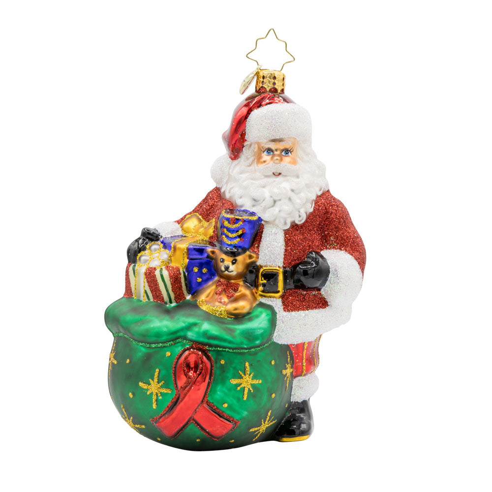 Red Ribbon Reminder ornament. Featuring Santa Claus spreading awareness and support for the fight against AIDS with a red ribbon and thoughtful gifts. View of front. 