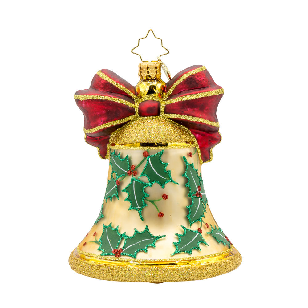 Bell Bliss ornament. A glittery gold bell donned with a red ribbon and hand-painted holly. View of back.