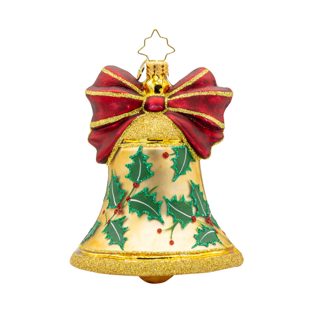 Bell Bliss ornament. A glittery gold bell donned with a red ribbon and hand-painted holly. View of front. 