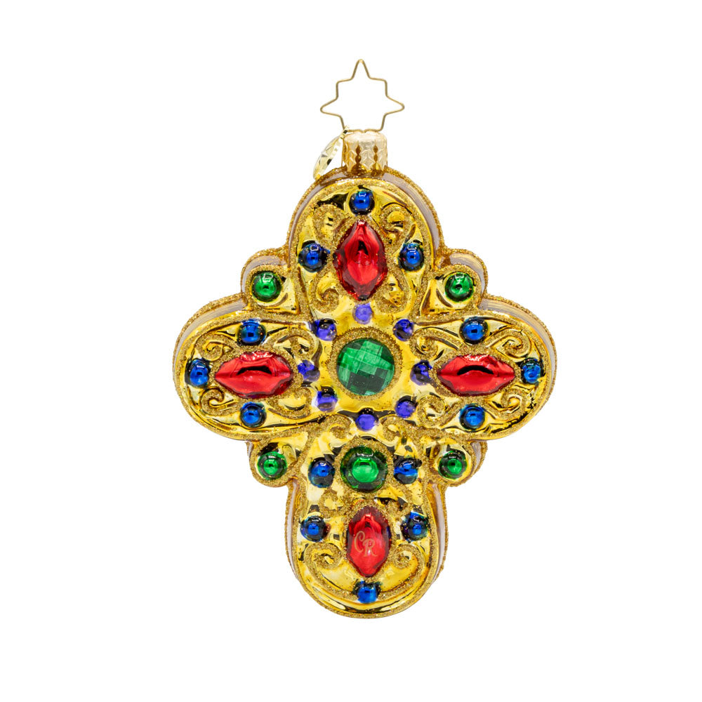 Heavenly Cross ornament. A gold cross with red, green, blue, and purple gems. View of front.