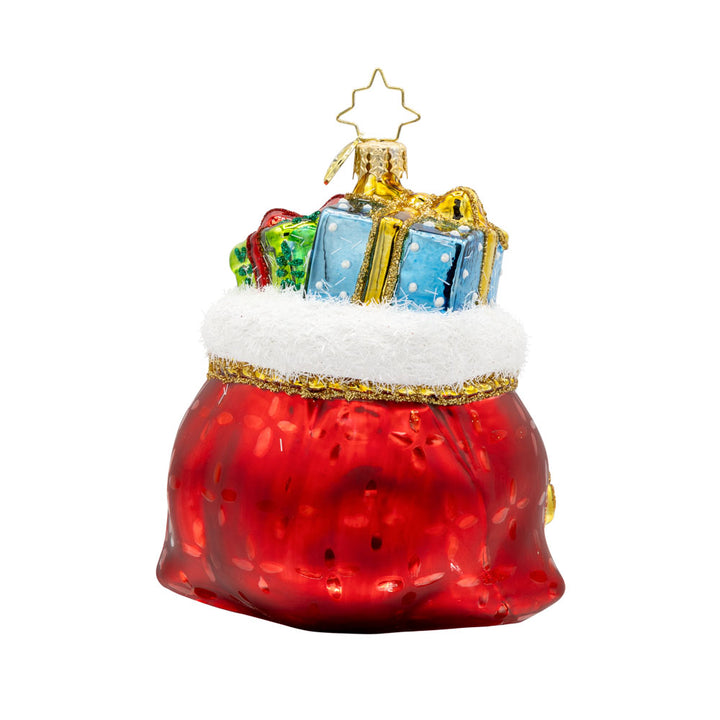 Yearly Yuletide Tote ornament. The gift bag is filled with festive presents, dated "2025." View of back.