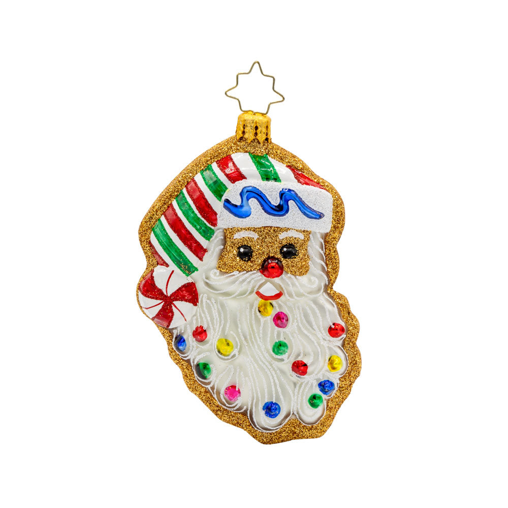 Jolly Gingerbread Santa ornament. A gingerbread cookie of Santa's head. View of front. 