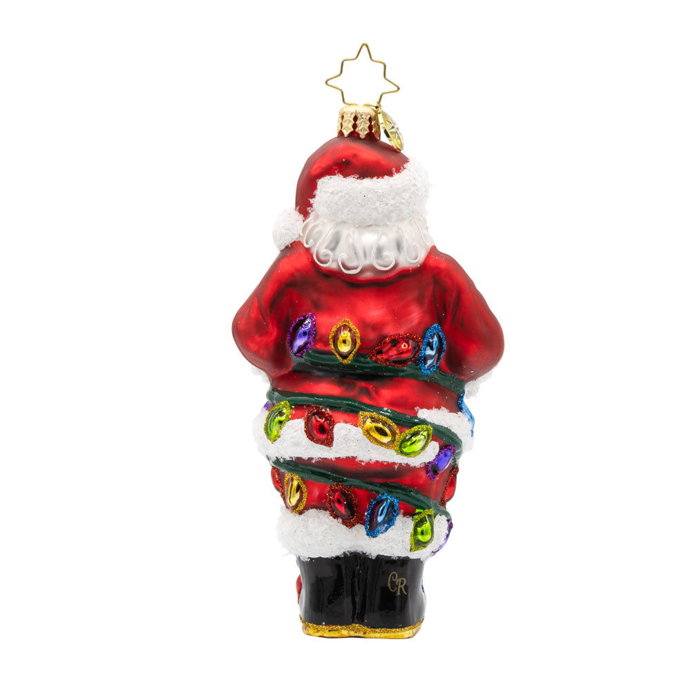 Tangled Up Santa ornament. This Santa's caught in a colorful mess of Christmas lights. View of back.
