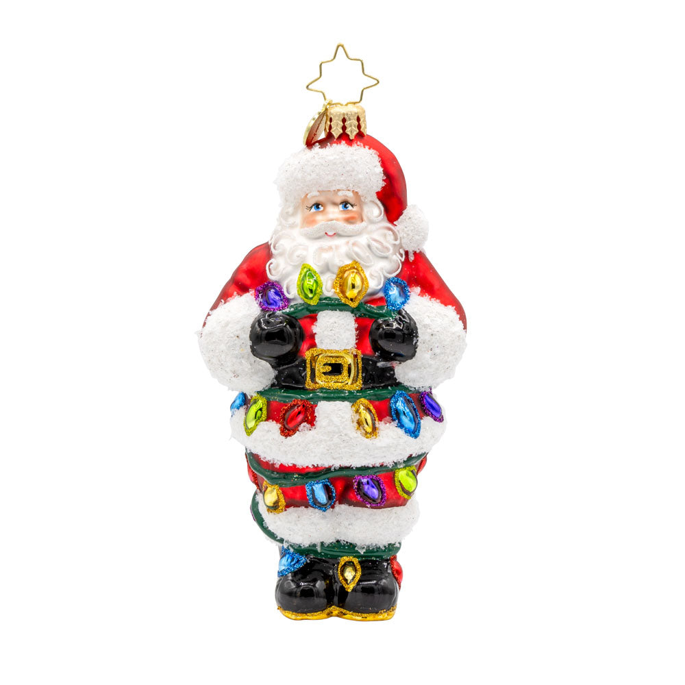 Tangled Up Santa ornament. This Santa's caught in a colorful mess of Christmas lights. View of front. 