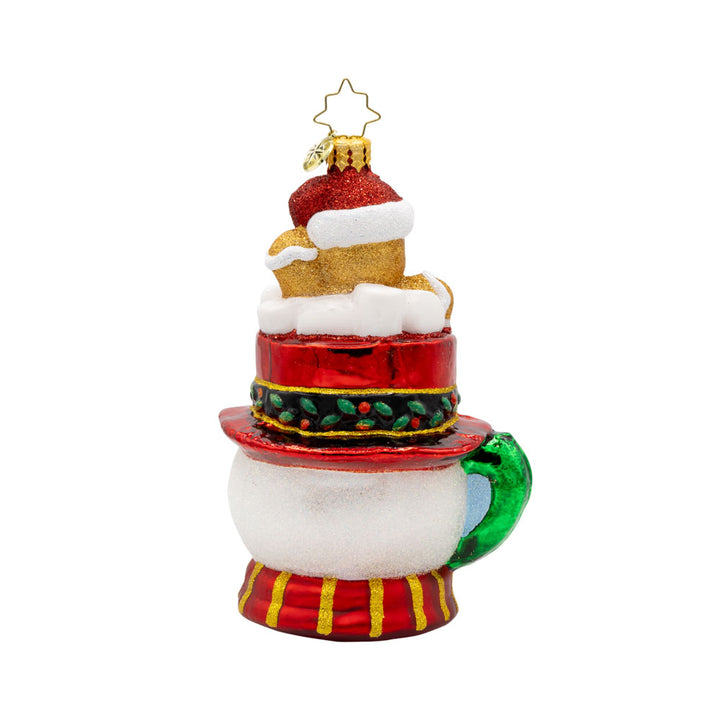 Hot Cocoa Delight ornament. This adorable snowman mug is filled with goodies and a gingerbread friend. View of back.