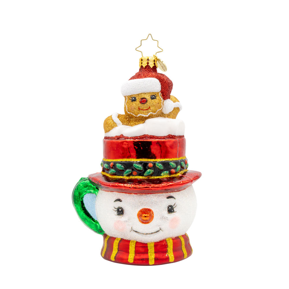 Hot Cocoa Delight ornament. This adorable snowman mug is filled with goodies and a gingerbread friend. View of front. 