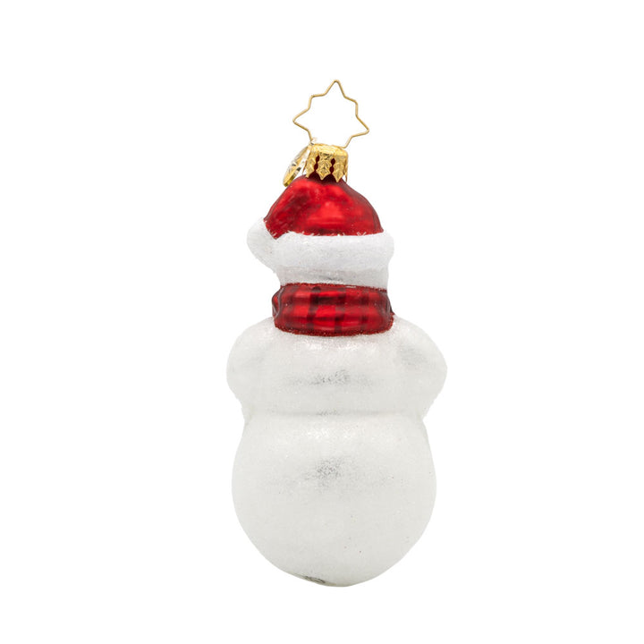 Holiday Stocking Joy ornament. This snowman is holding a stocking filled with holiday goodies. View of back.