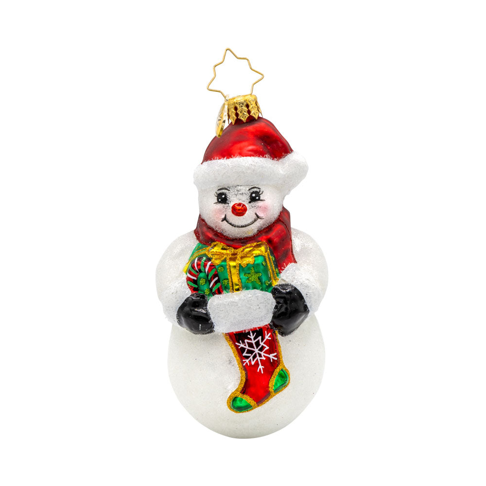 Holiday Stocking Joy ornament. This snowman is holding a stocking filled with holiday goodies. View of front. 