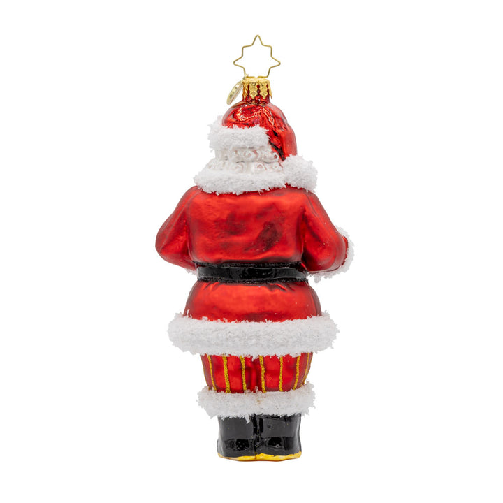 Charcuterie Claus ornament. Santa brings a scrumptious spread with a delightful cheese board. View of back.