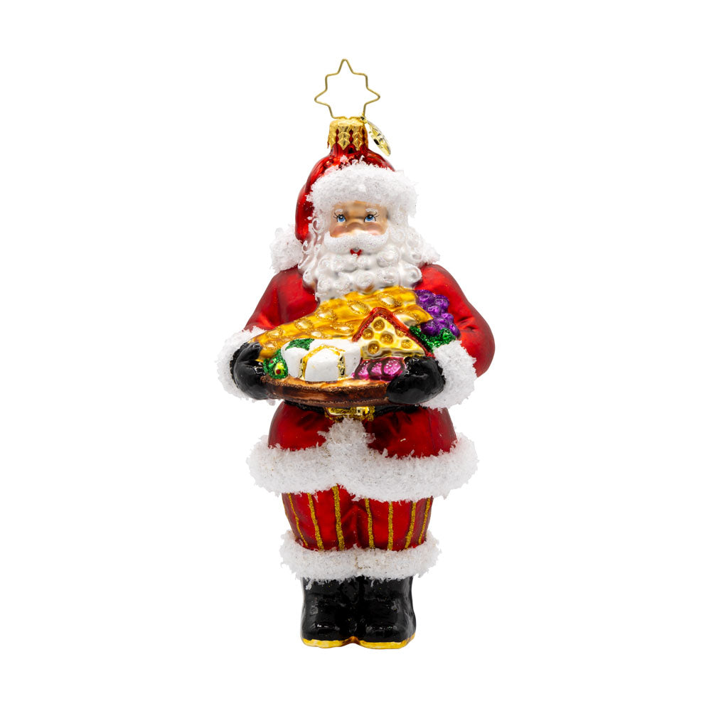 Charcuterie Claus ornament. Santa brings a scrumptious spread with a delightful cheese board. View of front.