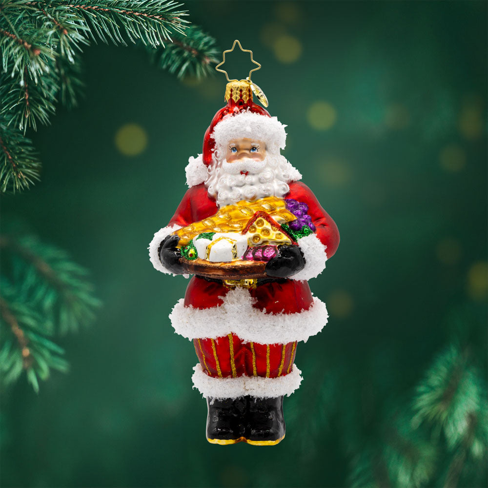 Charcuterie Claus ornament. Santa brings a scrumptious spread with a delightful cheese board. View of front.