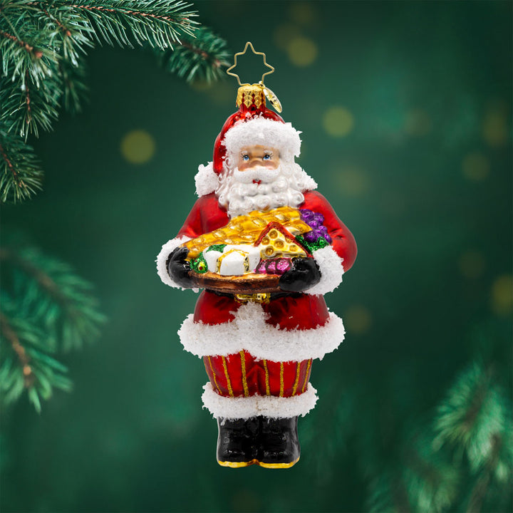 Charcuterie Claus ornament. Santa brings a scrumptious spread with a delightful cheese board. View of front.