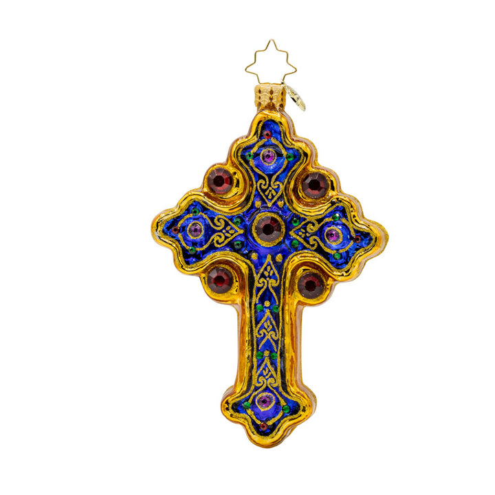 Blessed Beacon ornament. Royal blue cross adorned with gold designs and jewels. View of back.