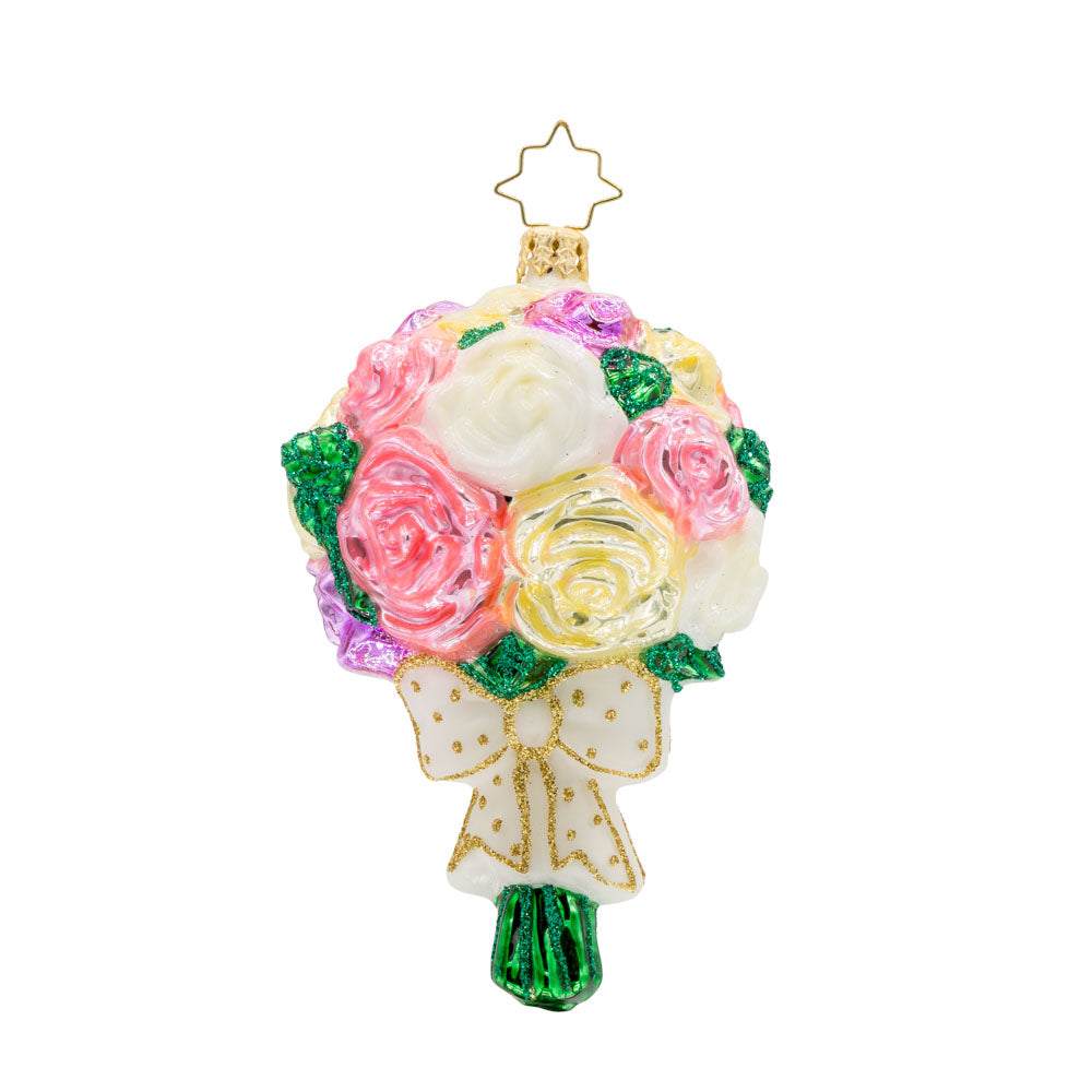 Bridal Blooms ornament. Pink and yellow flower bouquet wrapped with a white ribbon. View of back.