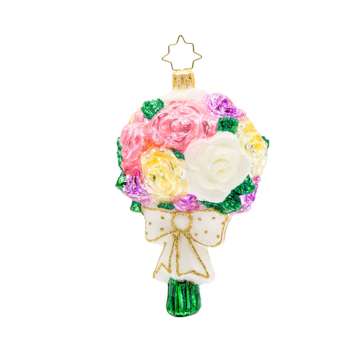 Bridal Blooms ornament. Pink and yellow flower bouquet wrapped with a white ribbon. View of front.