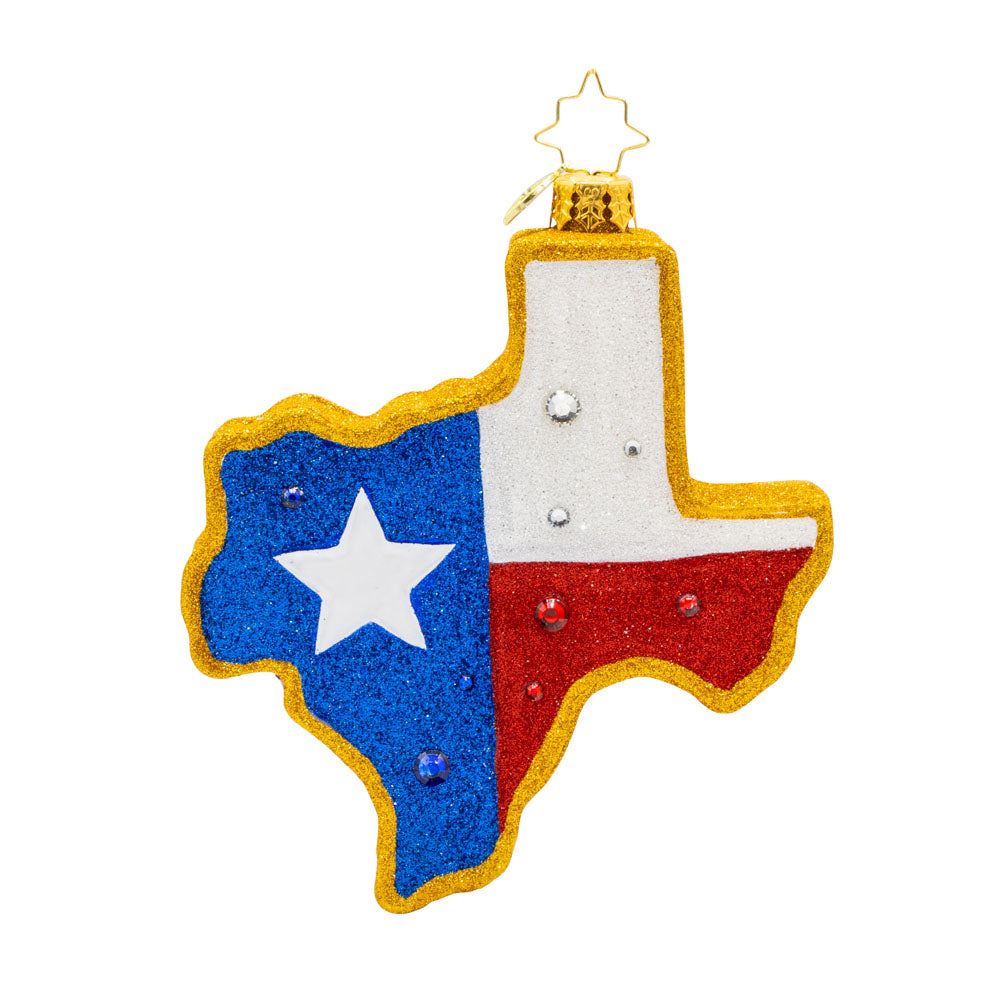 Lone Star Pride ornament. Shaped like the great state itself, the glittering blue, white, and red of the Texas flag on the back to the golden horseshoe and oil rig, every detail tells a story of Texan pride. View of back.