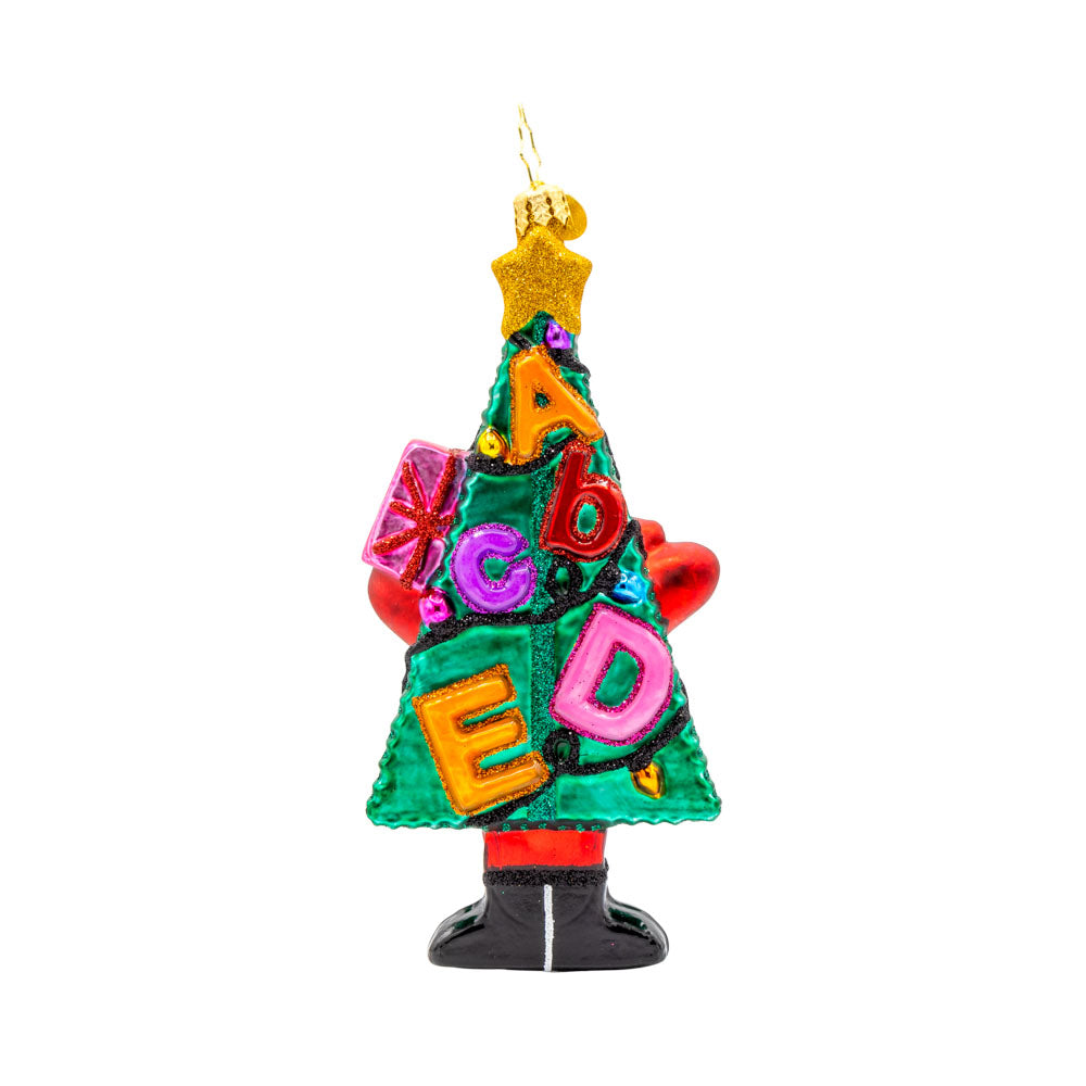 Merry ABCmas ornament. From the beloved book Chicka Chicka Boom Boom. Featuring a colorful Christmas tree adorned with letters. View of back.