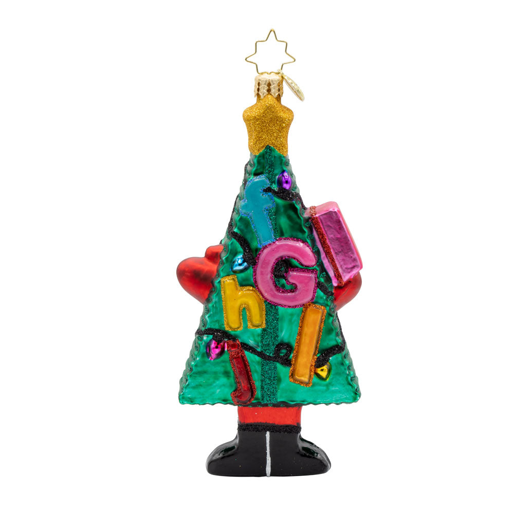 Merry ABCmas ornament. From the beloved book Chicka Chicka Boom Boom. Featuring a colorful Christmas tree adorned with letters. View of front. 