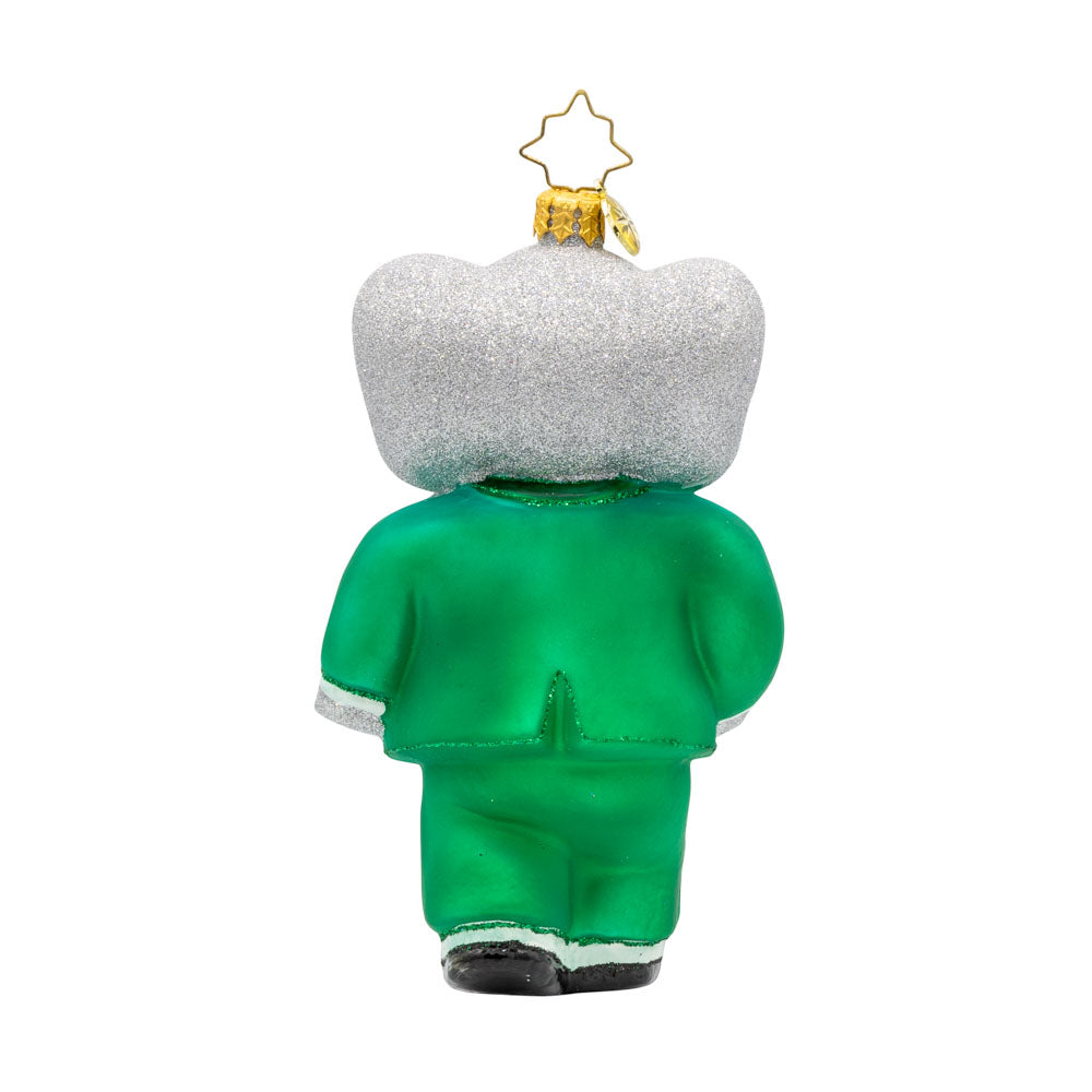 King Babar ornament. Babar dons his green suit, holding a top hat with his trunk. View of back.