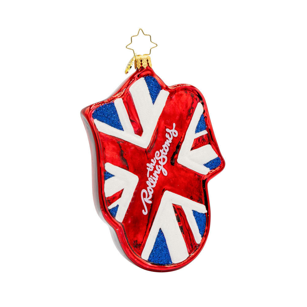 Rock 'n' Roll Union ornament. The iconic Rolling Stones tongue is back, adorned with the Union Jack. View of back.