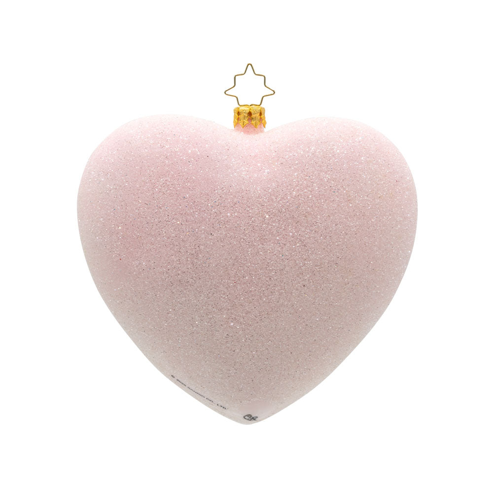 Hello Kitty Sweetheart ornament. Dressed as a Cupid, complete with a bow and arrow, she's surrounded by hearts and glitter. View of back.
