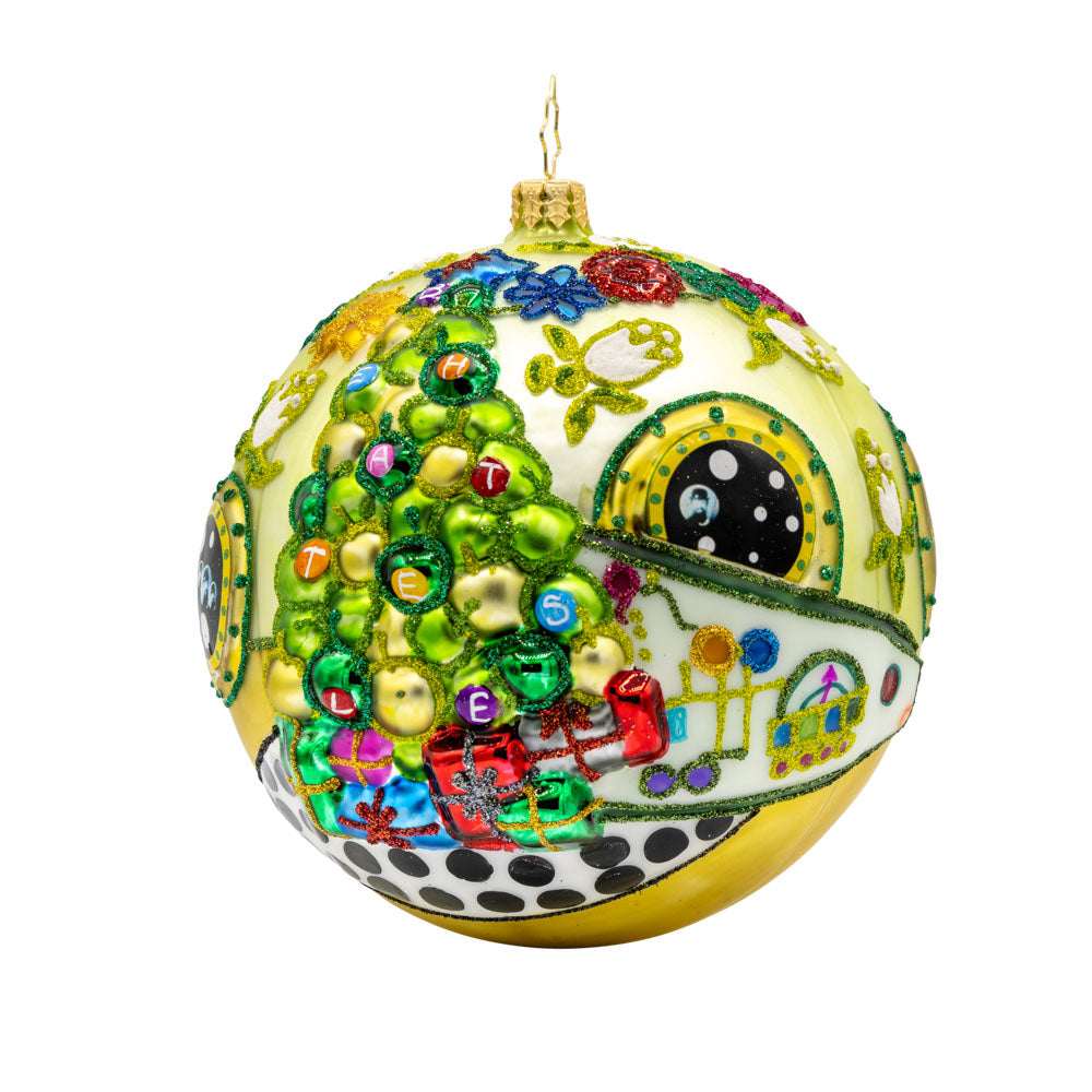 Beatle's Christmas Command Ornament. Decorated round with Beatle's yellow submarine imagery. View of back.