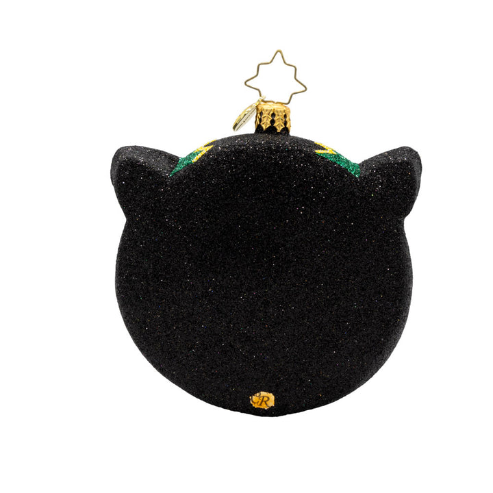 Hoot of the Night ornament. This owl features spooky eyes, vibrant colors of glittering black, yellow, orange, and green. View of back.